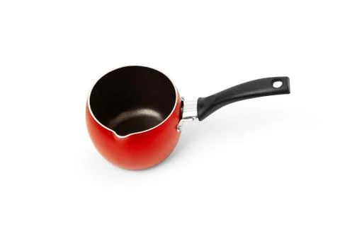 Empty Non-stick red Cooking Pot or Saucepan hat with a long handle Stock Photos