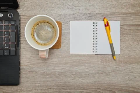 Empty note book at coffee time looking for inspirational ideas Stock Photos