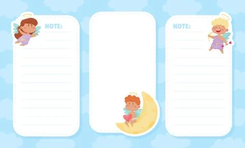 Empty Note Card with Cute Boy and Girl Angel Character with Wings and Nimbus Stock Illustration