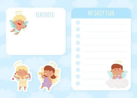Empty Note Card with Cute Boy and Girl Angel Character with Wings and Nimbus Stock Illustration