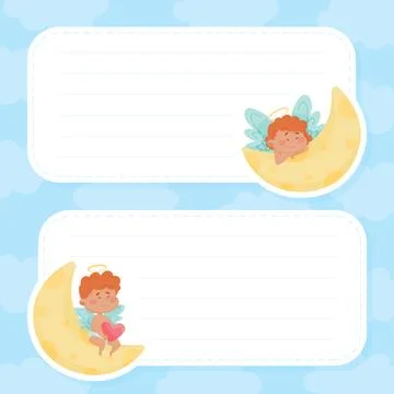 Empty Note Card with Cute Boy and Girl Angel Character with Wings and Nimbus on Stock Illustration