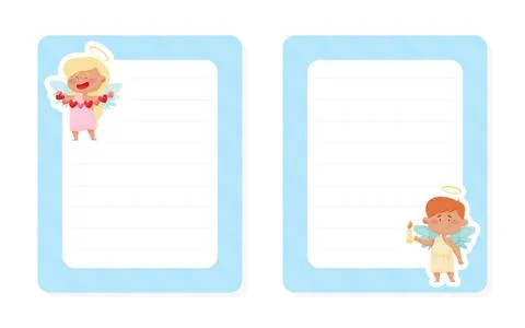 Empty Note Card with Cute Boy and Girl Angel Character with Wings and Nimbus Stock Illustration