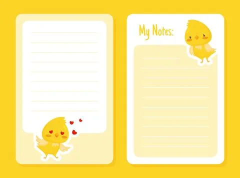 Empty Note Card with Cute Canary Cartoon Yellow Bird Vector Template Stock Illustration