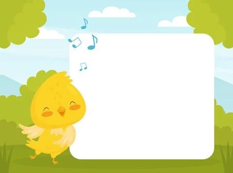 Empty Note Card with Cute Canary Cartoon Yellow Bird Vector Template Stock Illustration