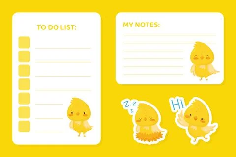 Empty Note Card with Cute Canary Cartoon Yellow Bird Vector Template Stock Illustration