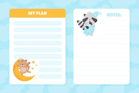 Empty Note Card with Cute Cat and Raccoon Having Bedtime Vector Template Stockillustratie