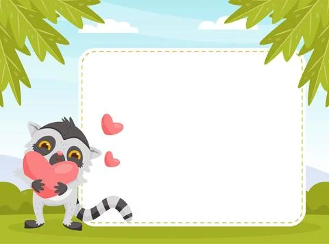 Empty Note Card with Cute Lemur Funny Exotic Animal Vector Template Stock Illustration