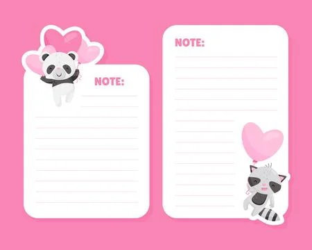 Empty Note Card with Cute Panda and Raccoon Animal Holding Heart Pink Balloons Stock Illustration