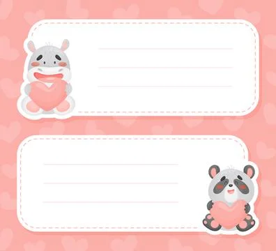 Empty Note Card with Funny Cartoon Hippo and Panda Animal with Heart Feel Love 库存插图