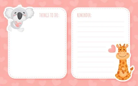 Empty Note Card with Funny Cartoon Koala and Giraffe Animal with Heart Feel Love Stock Illustration
