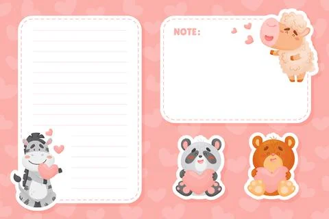 Empty Note Card with Funny Cartoon Animal with Heart Feel Love Vector Template Stock Illustration