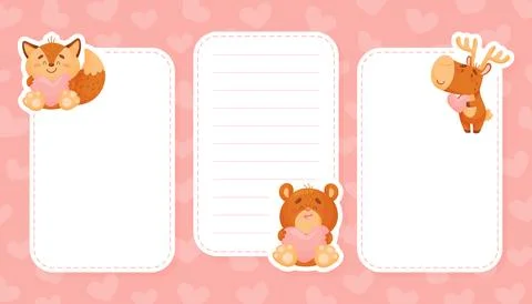Empty Note Card with Funny Cartoon Animal with Heart Feel Love Vector Template Stockillustratie