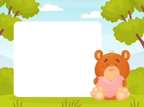 Empty Note Card with Funny Cartoon Bear Animal with Heart Feel Love Vector Stock Illustration