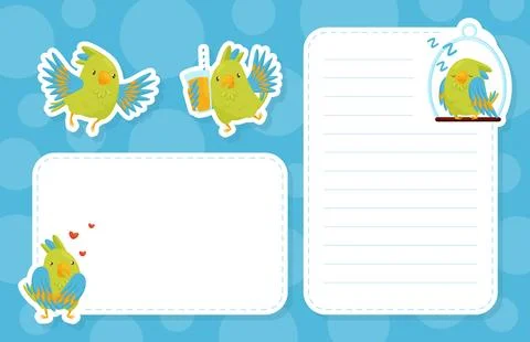 Empty Note Card with Green Parrot Funny Bird Vector Template Stock Illustration