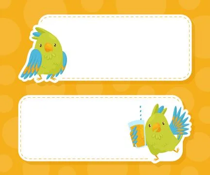 Empty Note Card with Green Parrot Funny Bird Vector Template Illustrazione stock