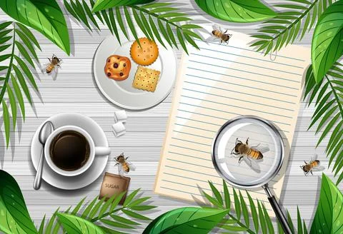 Empty note on the table with bee and coffee Stock Illustration