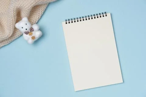 Empty notebook with bear toy on blue background from above. Copy space Stock Photos