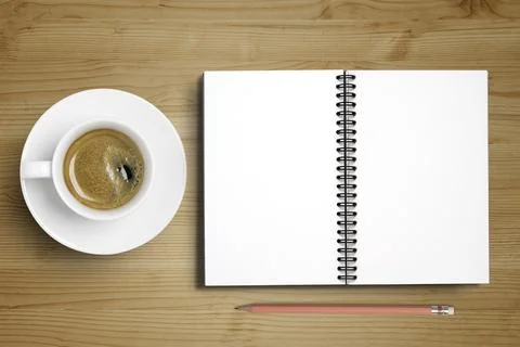 Empty notebook with coffee cup and pencil on wooden table , education Stock Photos