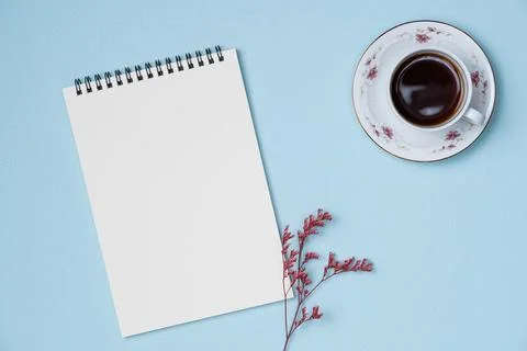 Empty notebook with cup of coffee and flower on blue background from above. S Stock Photos