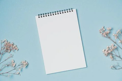 Empty notebook with flowers on blue background from above. Copy space Stock Photos