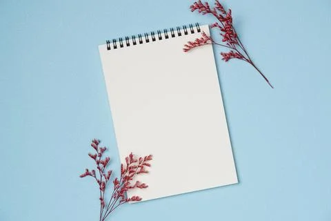 Empty notebook with flowers on blue background from above. Copy space Stock Photos