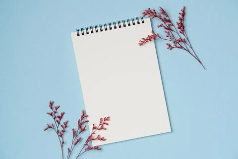 Empty notebook with flowers on blue background from above. Copy space Stock Photos