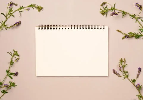 Empty notebook with flowers frame on beige background. Flat lay, top view. .. Stock Photos