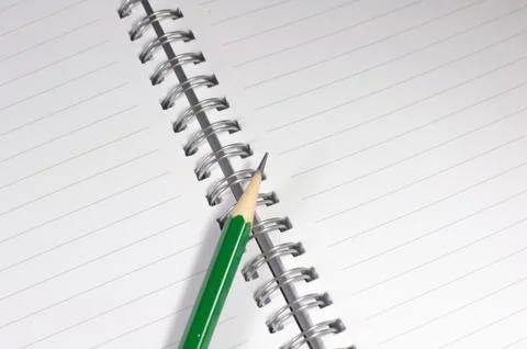 The empty notebook with green pencil, ready to note or work Stock Photos