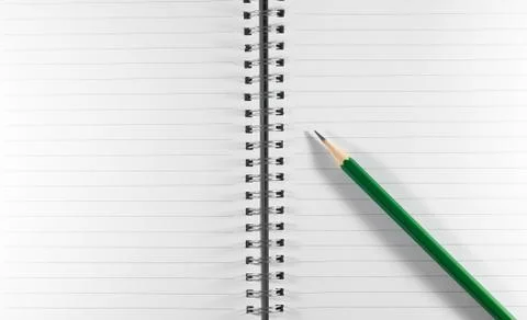 The empty notebook with green pencil, ready to note or work Stock Photos