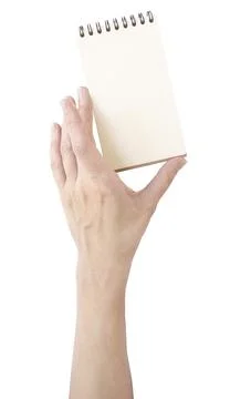 Empty notebook held by female hand, close up image for commercial mockups, .. Photos
