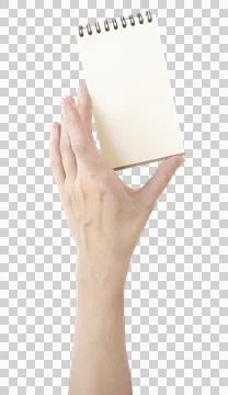 Empty notebook held by female hand, close up image for commercial mockups, .. Foto stock