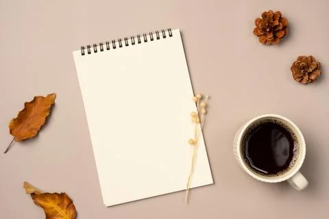 Empty notebook with leaves, cone and cup of coffee on beige background from.. Stock Photos