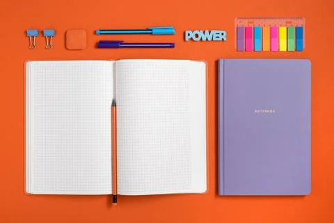 Empty notebook page for text in frame of bright school and office stationery Stock Photos