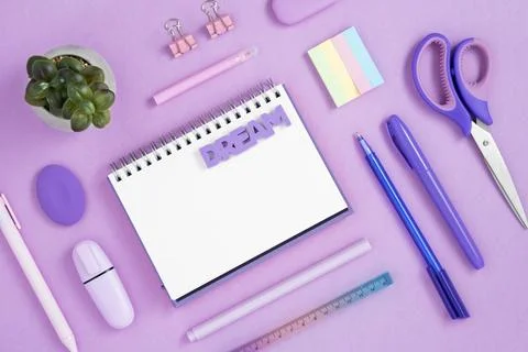 Empty notebook page for your text with violet and pink stationery Stock Photos