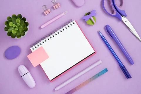 Empty notebook page for your text with violet and pink stationery Stock Photos