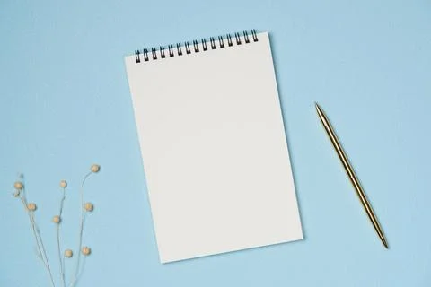 Empty notebook with pen on blue background from above. Copy space Foto stock