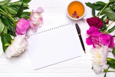 Empty notebook, pen, a cup of tea and peonies flowers on a white Stock Photos