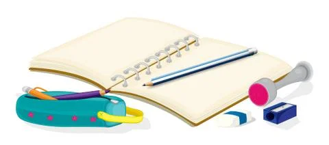 An empty notebook, pencils, a pencil case, an eraser and a sharpener 스톡 일러스트