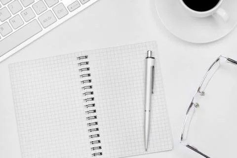 Empty notebook with pen,coffee and keyboard Stock Photos