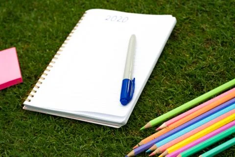 Empty notebook ready for New 2020 Year planing or wish list in the grass with Stock Photos