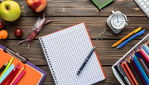 Empty notebook is spread on desk mockup, stationery. back to school concept Stock Photos