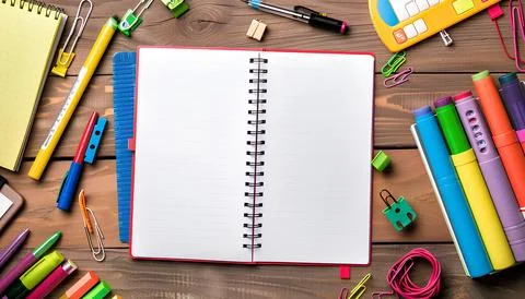 Empty notebook is spread on desk mockup, stationery. back to school concept Stock Photos