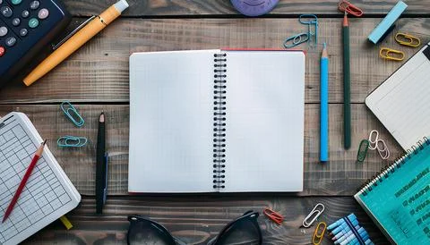 Empty notebook is spread on desk mockup, stationery. back to school concept Stock Photos