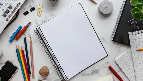 Empty notebook is spread on desk mockup, stationery. back to school concept Stock Photos