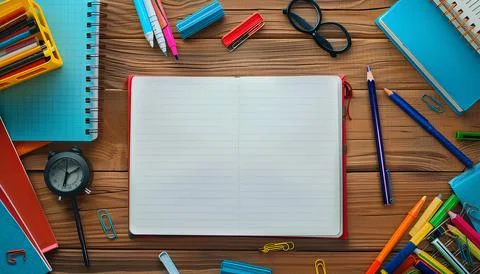 Empty notebook is spread on desk mockup, stationery. back to school concept Stock Photos