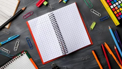Empty notebook is spread on desk mockup, stationery. back to school concept Stock Photos