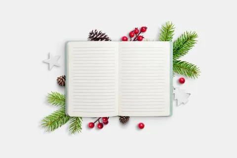 Empty notebook with text space. Festive Christmas decorations Stock Photos