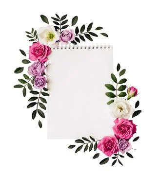 Empty Notepad and floral frame cut out on a white background Stock Photos