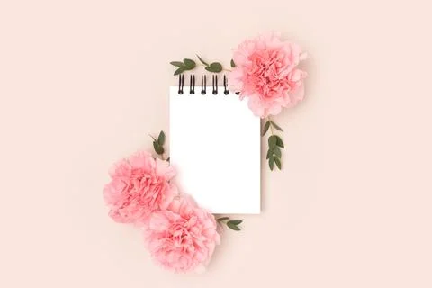Empty notepad mockup, pink carnation flowers and green eucalyptus branches. Stock Photos
