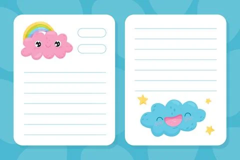 Empty Notepad Page with Cute Cloud and Rainbow Vector Template Illustrazione stock